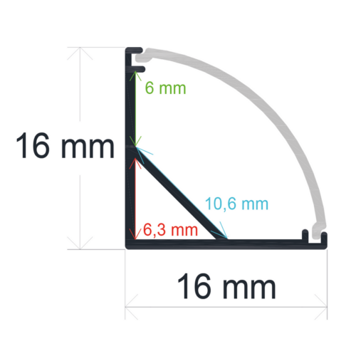 1616151 Perfil LED de esquina con el difusor curvo de 16 mm x 16 mm blanco 1