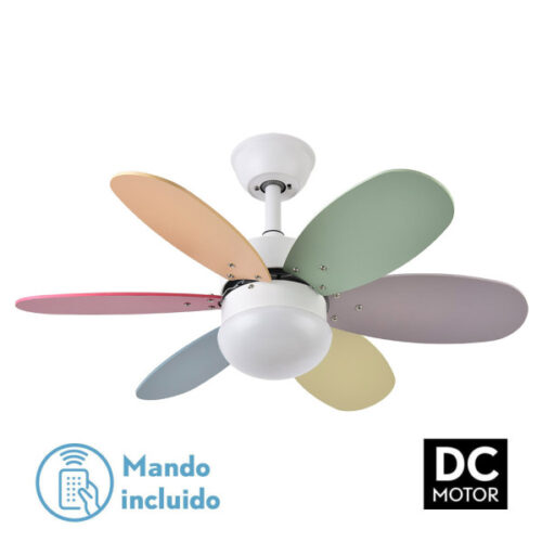 ventilador dc alves 1xe27 blanco 6 aspas colores 41x85d 6 veloc c remoto temporizador