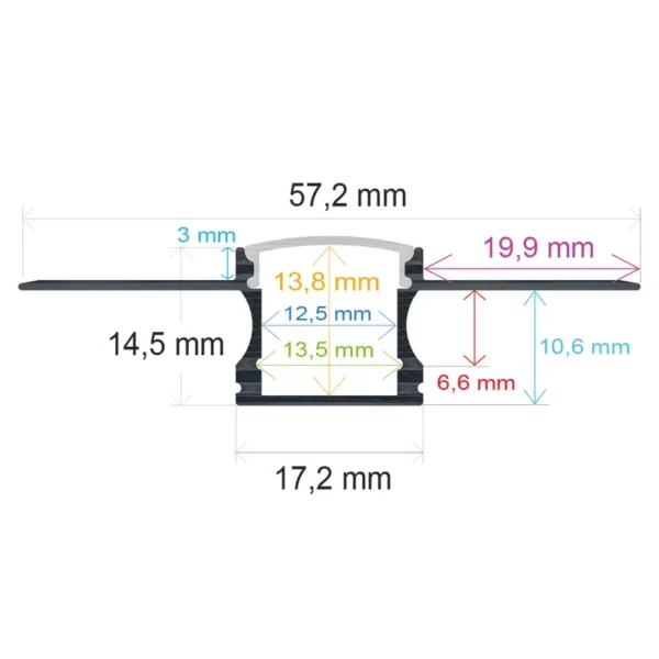 Perfil LED flexible para empotrar en una obra de 57,2 mm x 14,5 mm